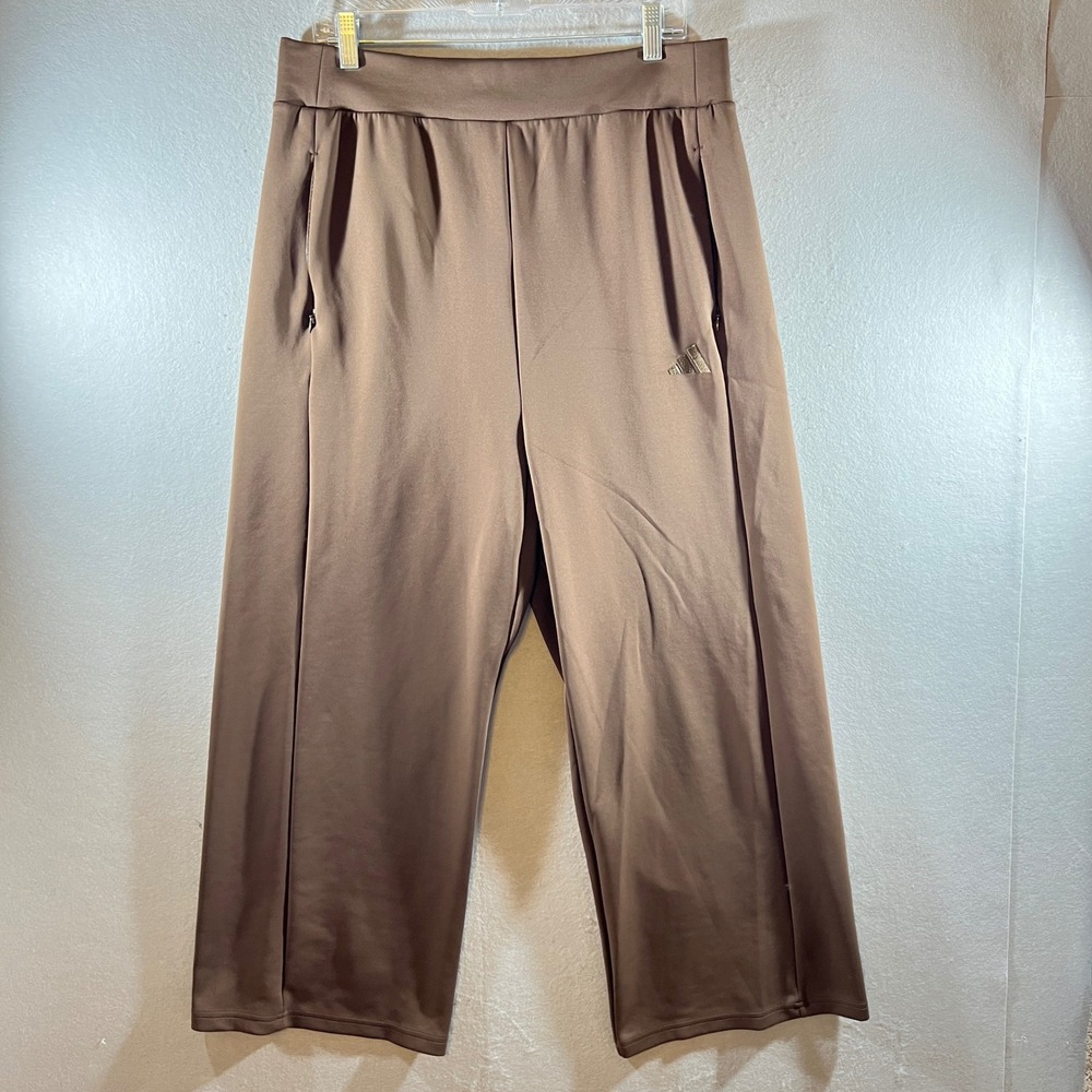 843| Adidas Wide Leg Metallic Logo Athletic Yoga Pants Brown High Rise Womens XL